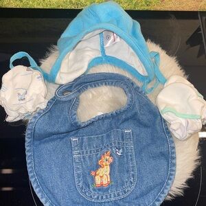 Hannah Anderson baby hat with jean bib and cotton mittens